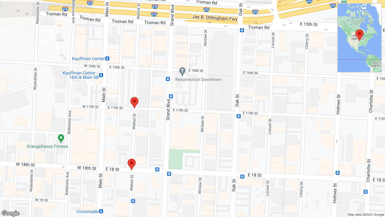 A detailed map that shows the affected road due to 'Walnut Street closed in Kansas City' on May 21st at 5:31 p.m.