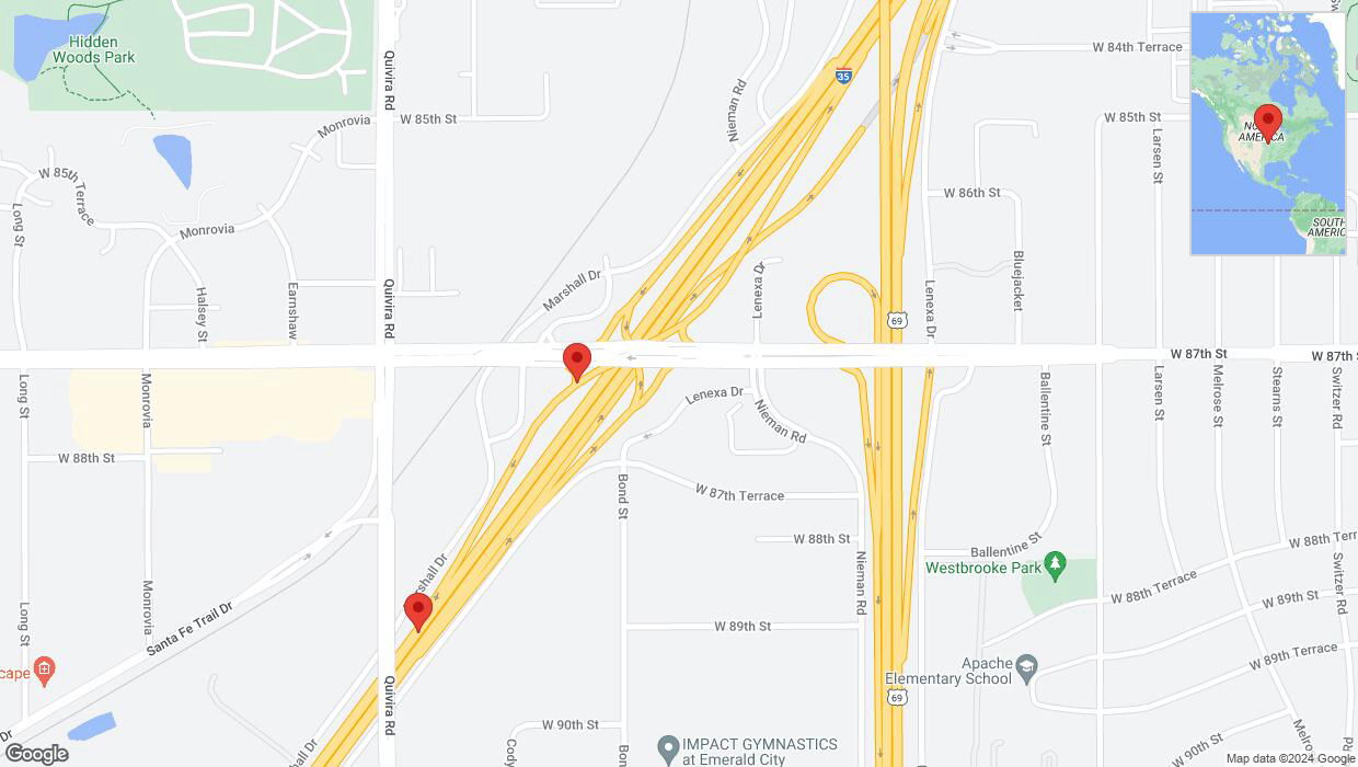 A detailed map that shows the affected road due to 'Lenexa: Monarch Highway closed' on May 21st at 9:43 p.m.