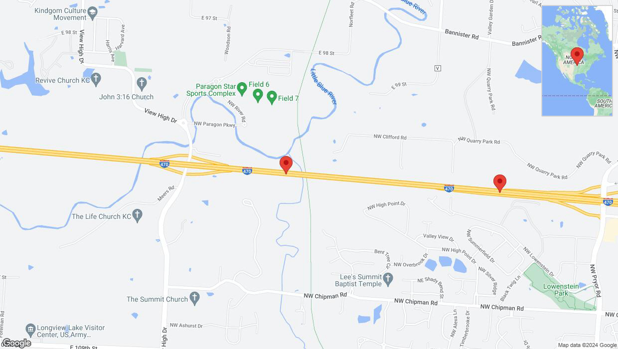 A detailed map that shows the affected road due to 'Incident on eastbound I-470 in Lee's Summit' on May 22nd at 6:52 p.m.