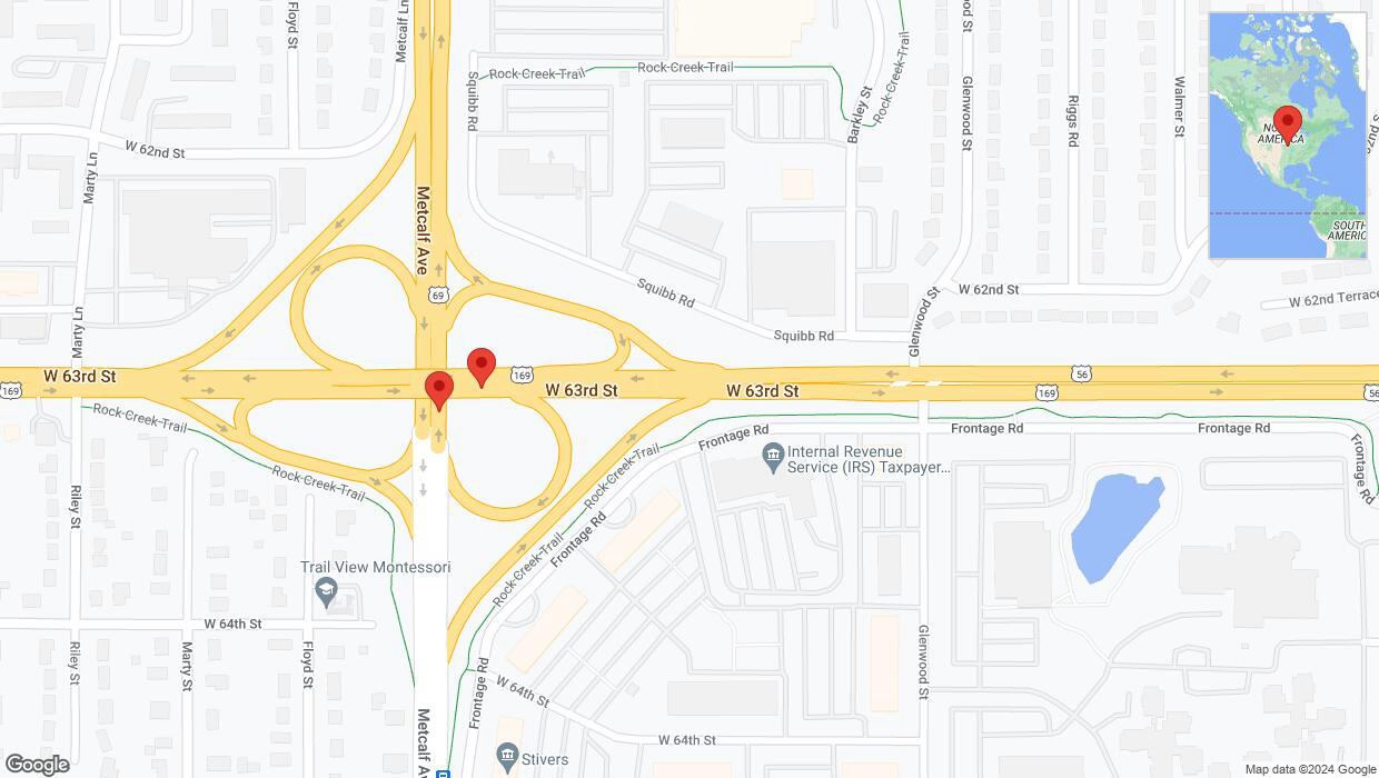A detailed map that shows the affected road due to 'Overland Park: US-69 North closed' on May 23rd at 12:43 a.m.