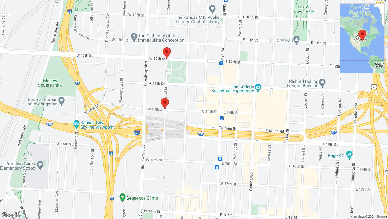 A detailed map that shows the affected road due to 'East 14th Street closed in Kansas City' on May 23rd at 2:13 a.m.