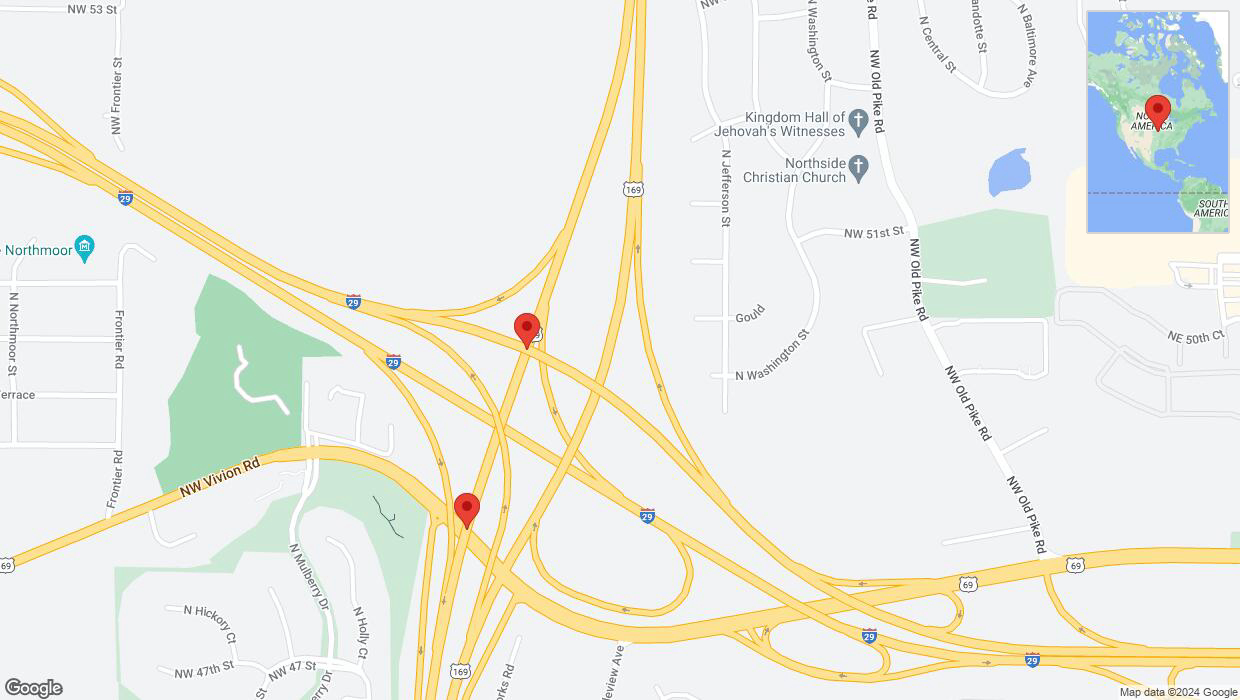 A detailed map that shows the affected road due to 'Kansas City: US-169 closed' on May 23rd at 3:18 a.m.