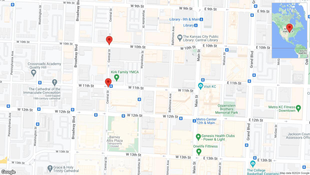 A detailed map that shows the affected road due to 'West 11th Street temporarily closed in Kansas City' on May 24th at 12:39 p.m.