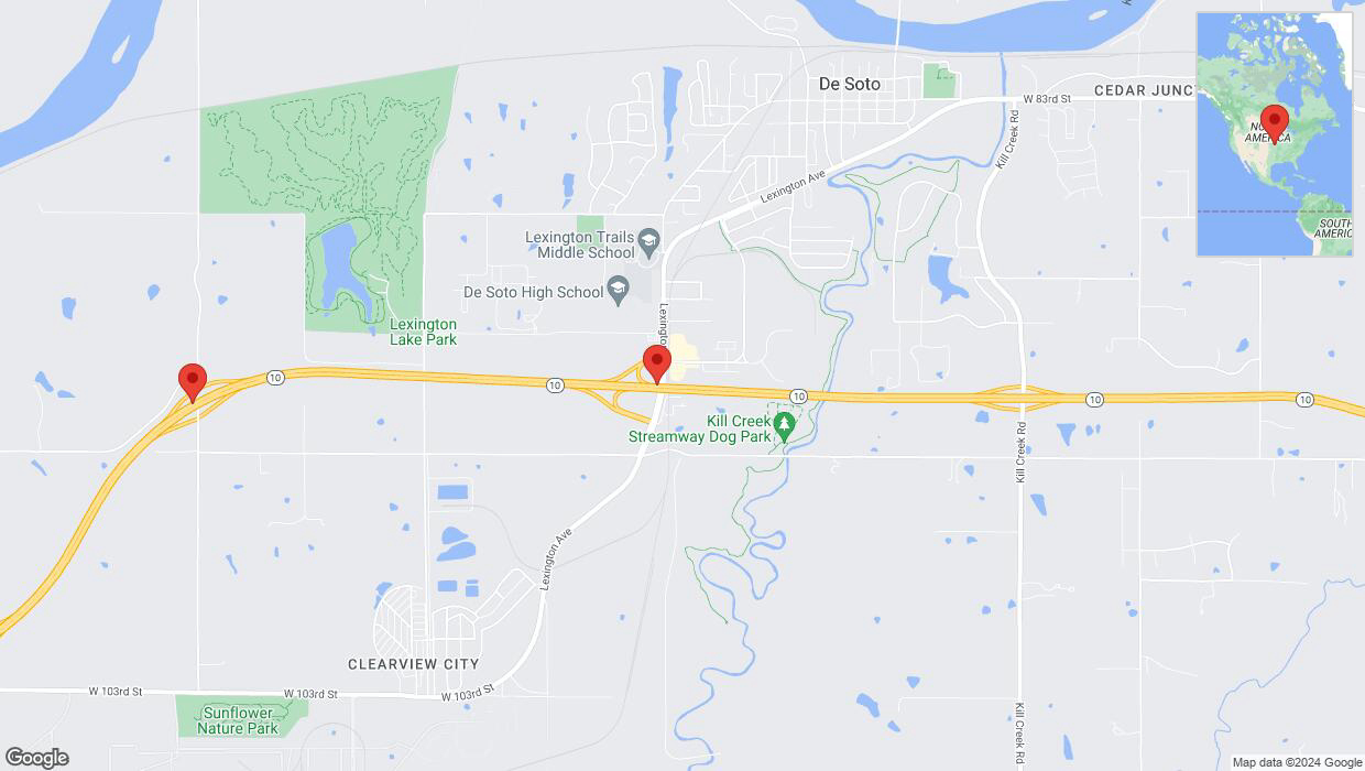 A detailed map that shows the affected road due to 'Drivers cautioned as heavy rain triggers traffic concerns on westbound K-10 in De Soto' on May 26th at 3:36 a.m.