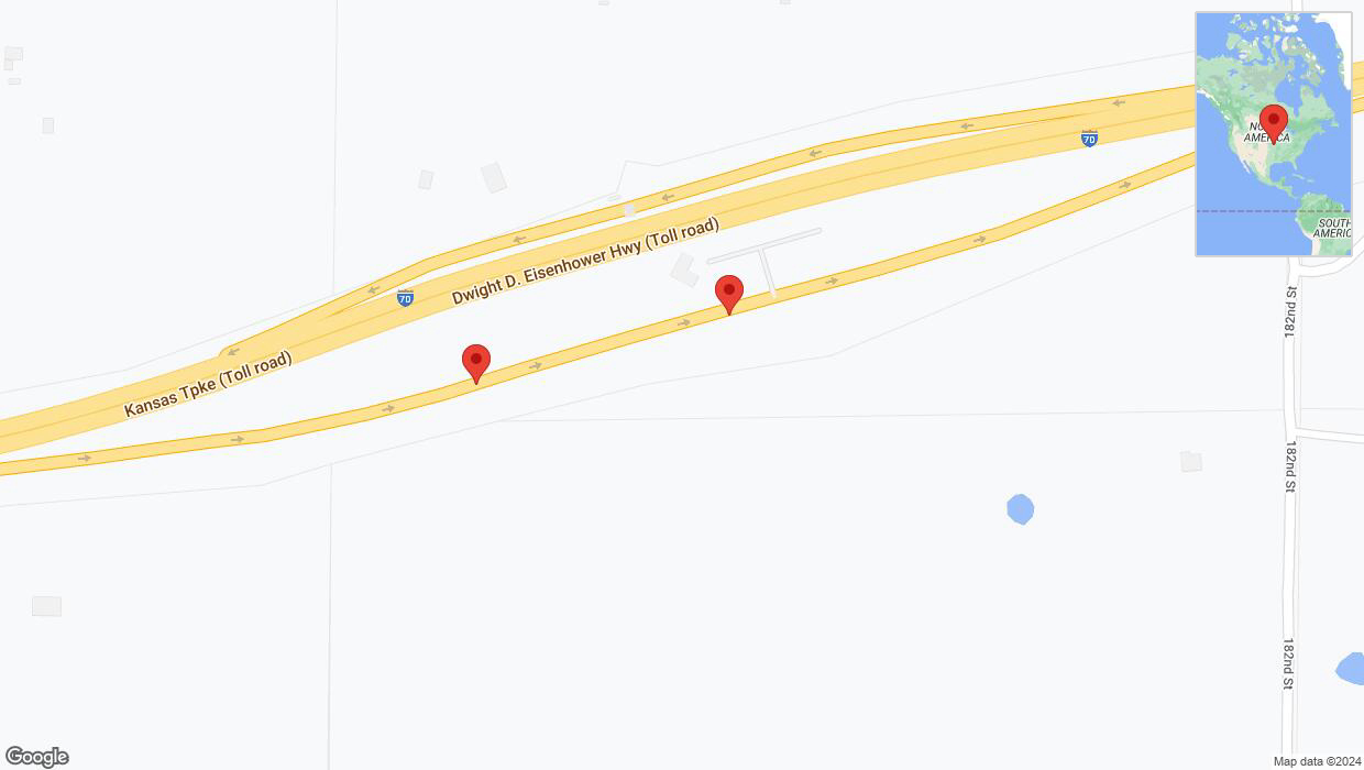 A detailed map that shows the affected road due to 'Traffic alert issued due to heavy rain conditions on eastbound I-70 in Basehor' on May 26th at 9:54 p.m.