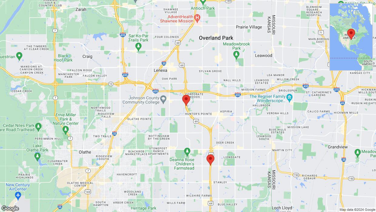 A detailed map that shows the affected road due to 'Lane on US-69 closed in Overland Park' on May 29th at 3:12 p.m.