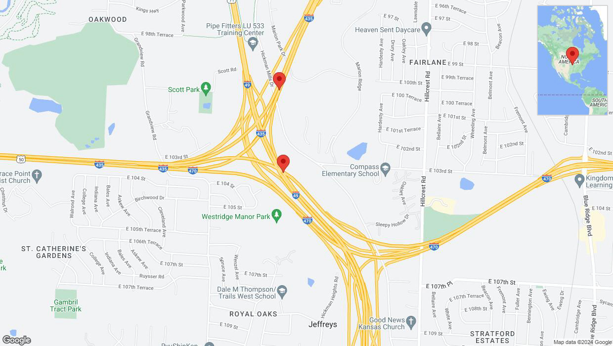 A detailed map that shows the affected road due to 'Kansas City: U. S. Highway 71 temporarily closed' on May 27th at 9:14 p.m.