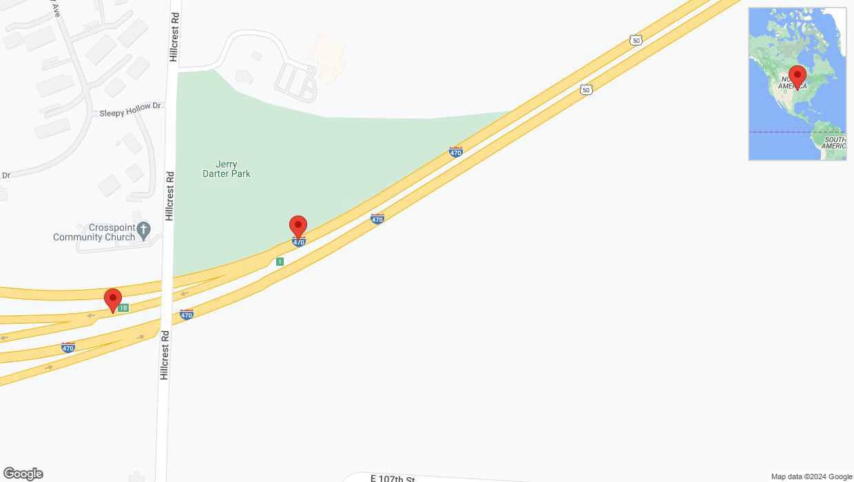 A detailed map that shows the affected road due to 'Kansas City: Hillcrest Road closed' on May 27th at 9:14 p.m.