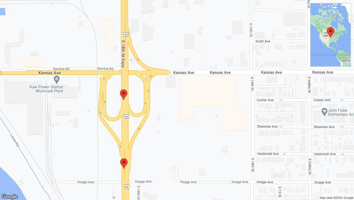 A detailed map that shows the affected road due to 'US-69 temporarily closed in Kansas City' on May 27th at 9:20 p.m.