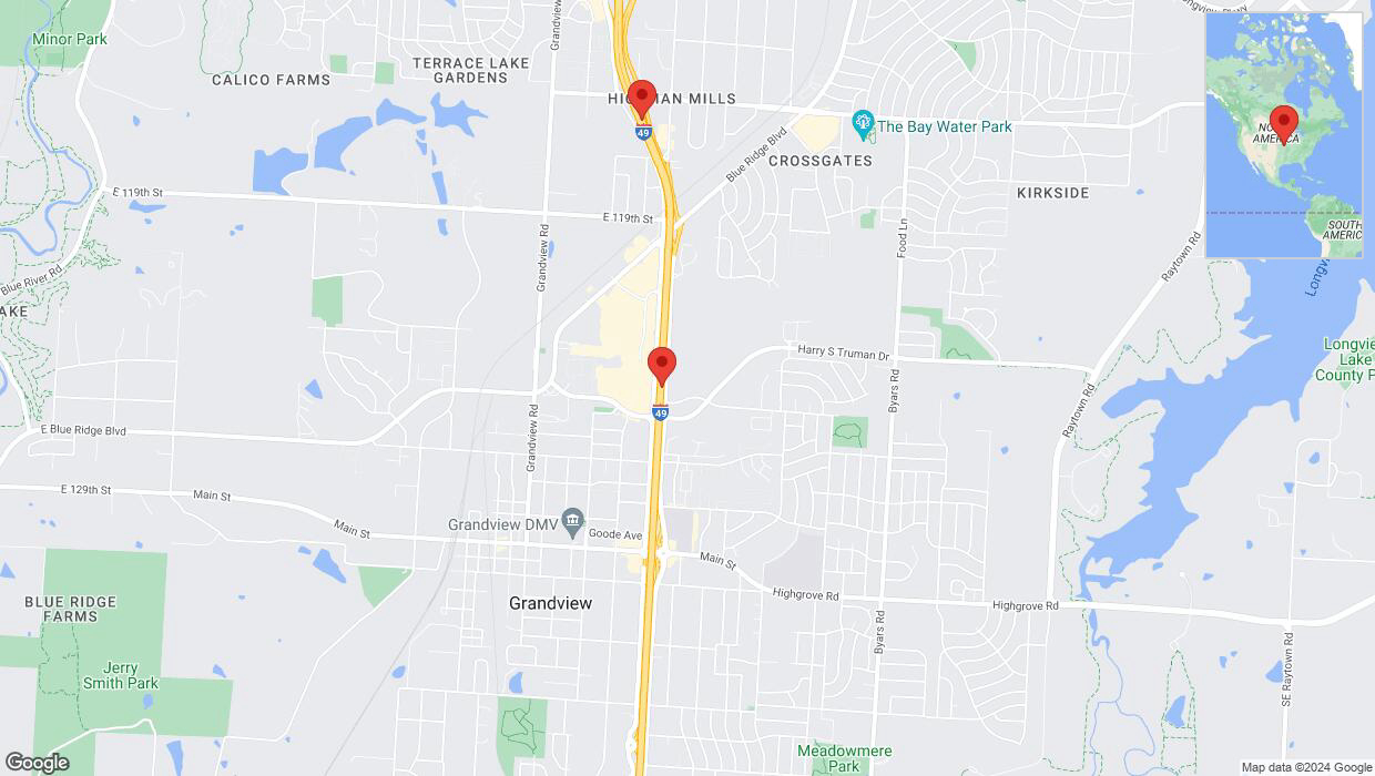 A detailed map that shows the affected road due to 'I-40/US-71 closed in Grandview' on May 27th at 9:44 p.m.