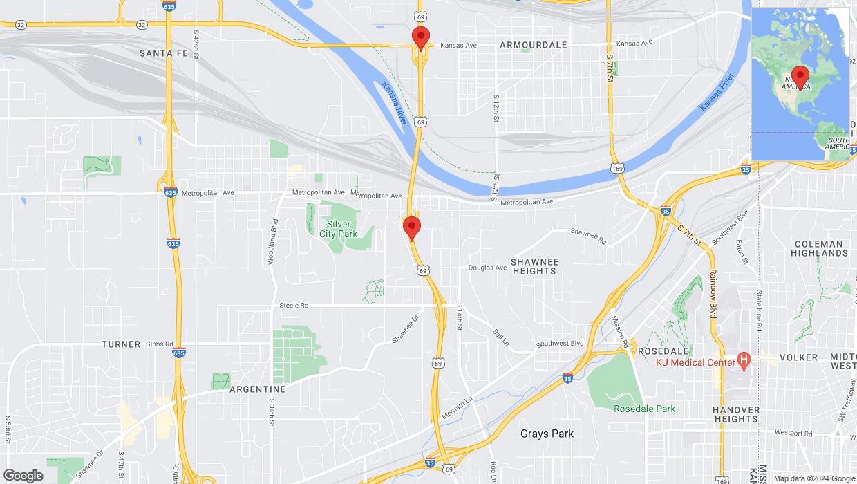 A detailed map that shows the affected road due to 'Kansas City: US-69 temporarily closed' on May 27th at 10:38 p.m.