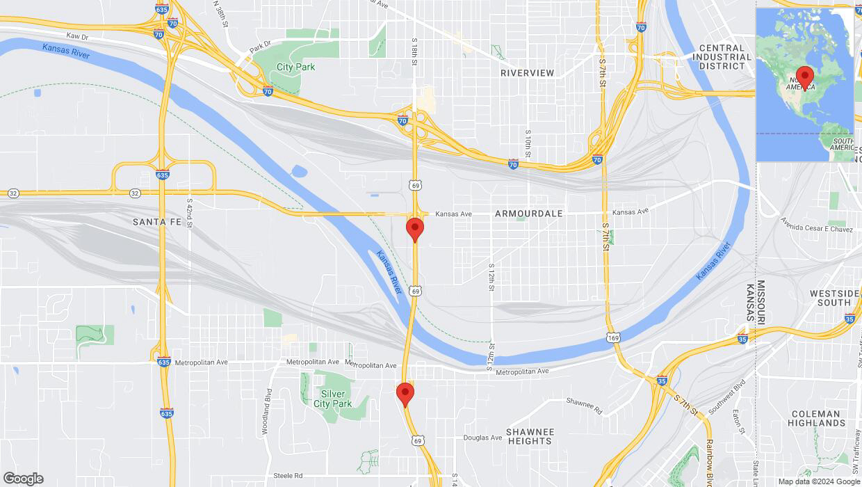 A detailed map that shows the affected road due to 'US-69 closed in Kansas City' on May 27th at 11:47 p.m.