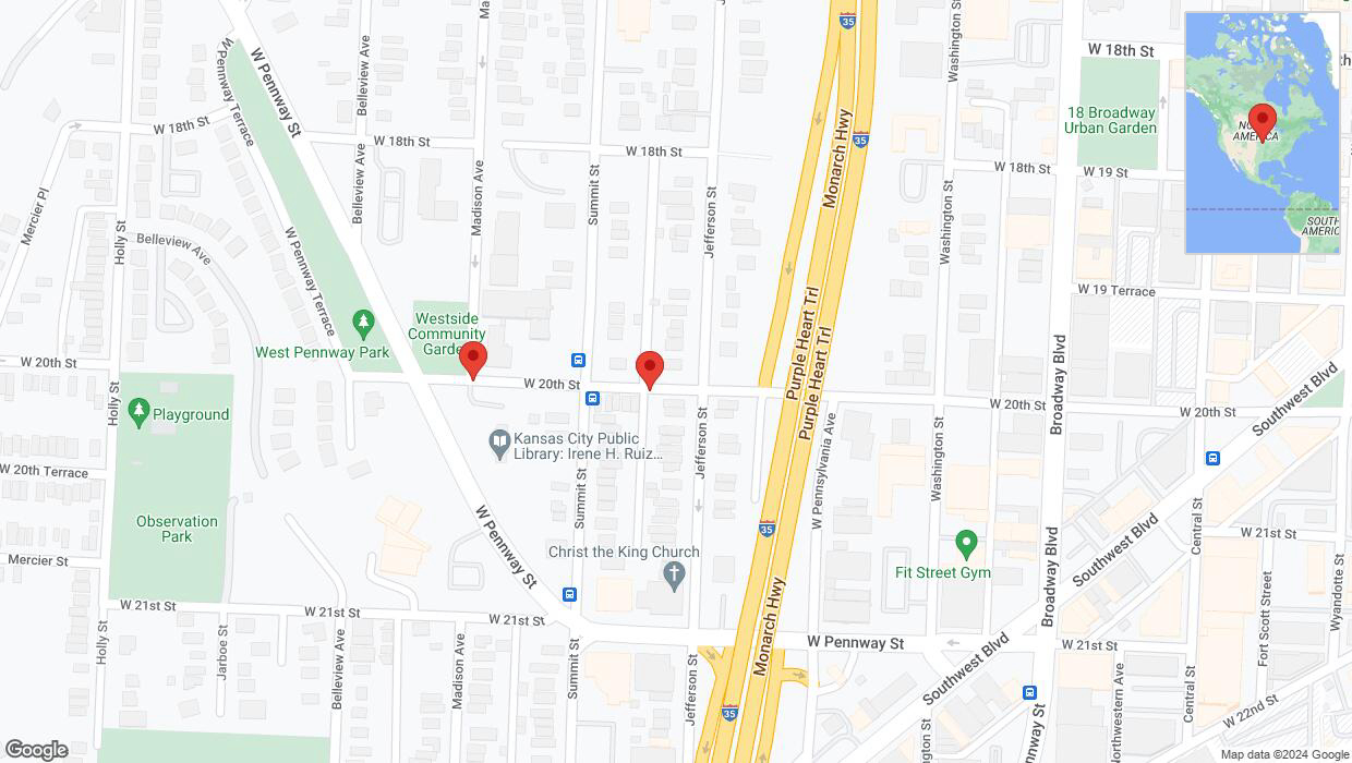 A detailed map that shows the affected road due to 'West Pennway Terrace closed in Kansas City' on May 29th at 2:24 p.m.
