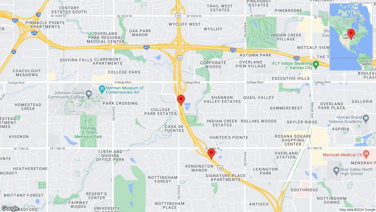 A detailed map that shows the affected road due to 'Lane on US-69 closed in Overland Park' on May 29th at 8:34 p.m.