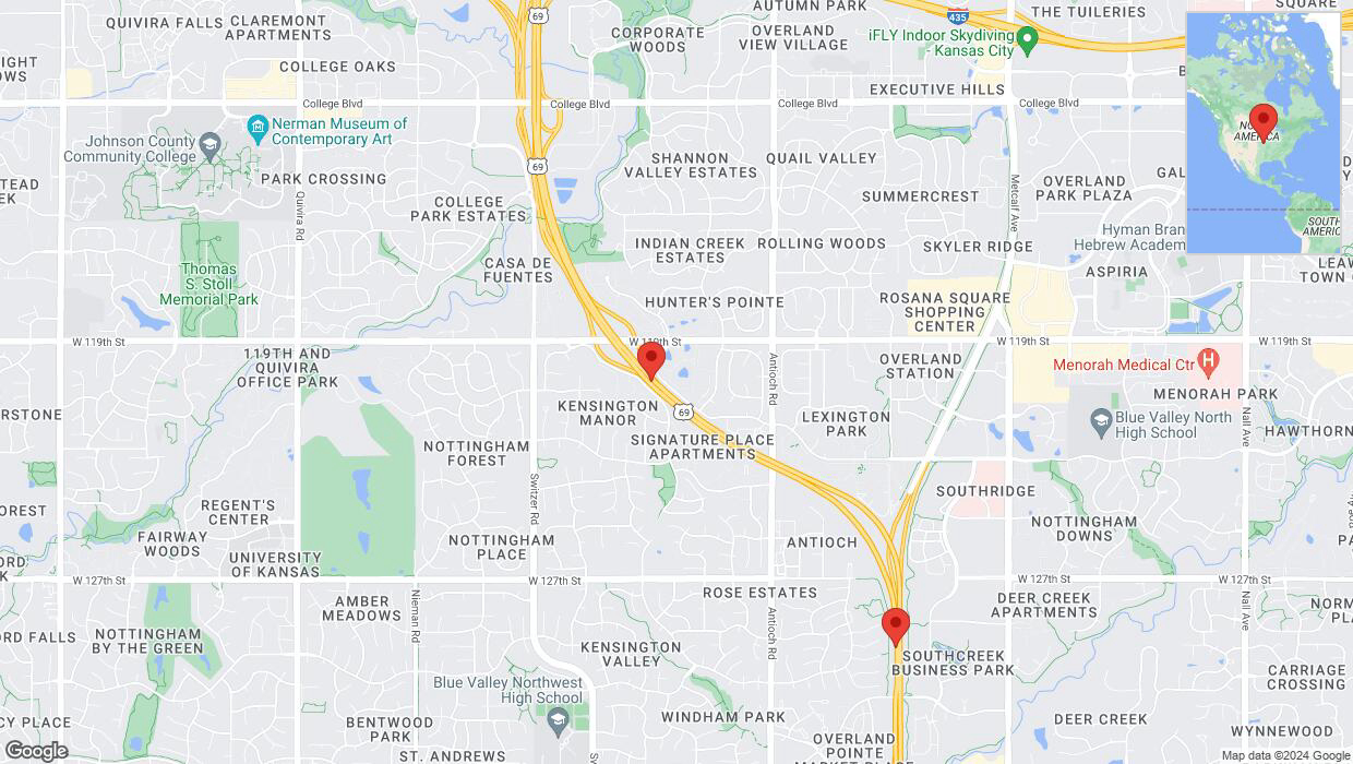 A detailed map that shows the affected road due to 'US-69 closed in Overland Park' on May 30th at 7:46 p.m.