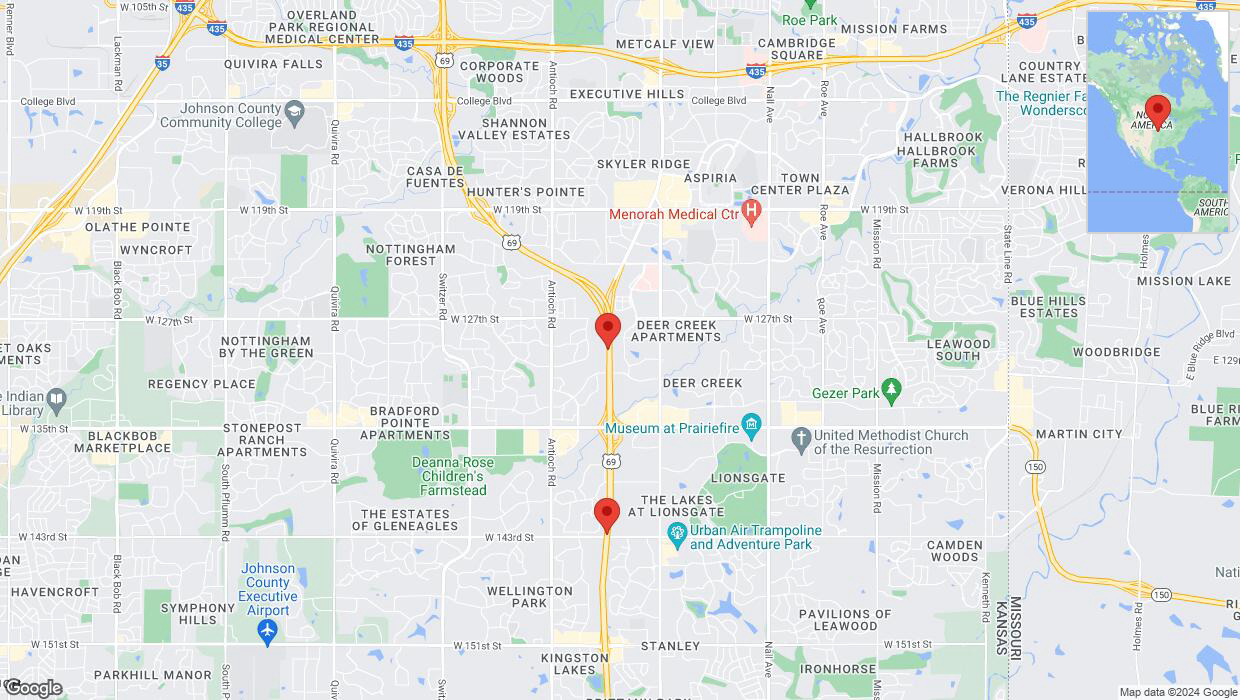 A detailed map that shows the affected road due to 'Lane on US-69 closed in Overland Park' on May 29th at 8:34 p.m.