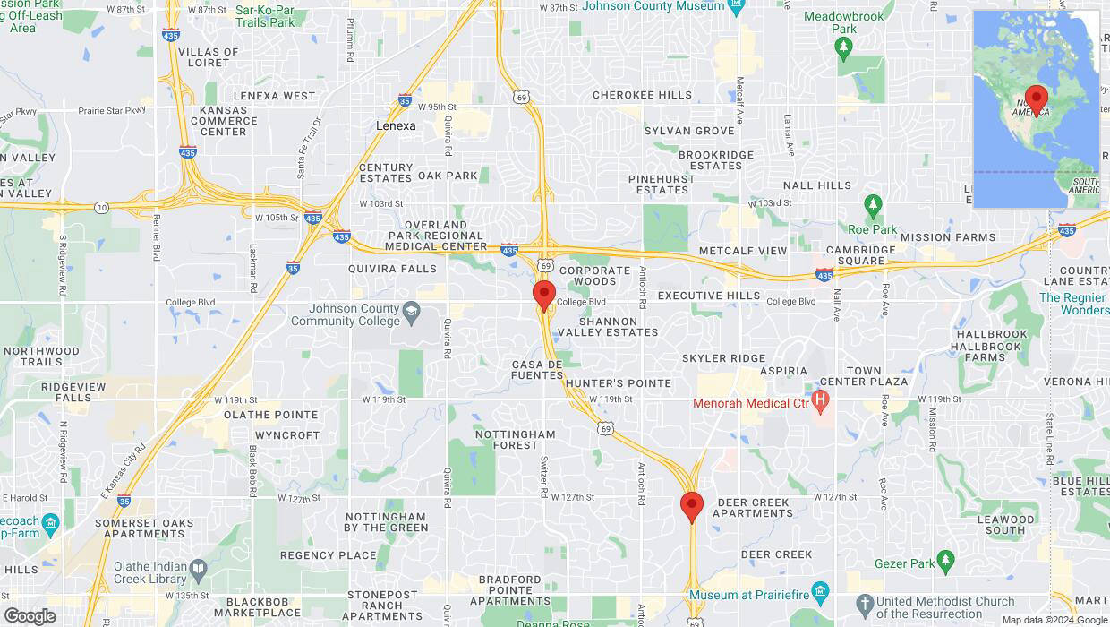 A detailed map that shows the affected road due to 'US-69 temporarily closed in Overland Park' on May 30th at 9:15 p.m.