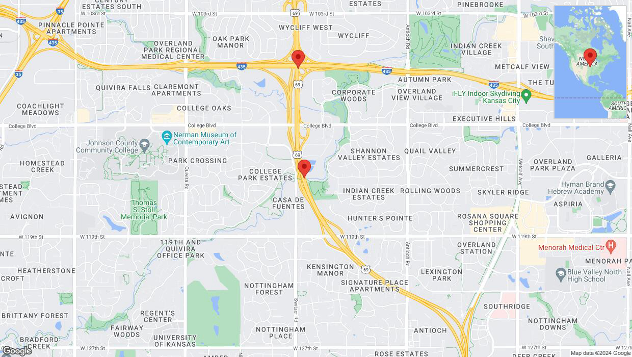 A detailed map that shows the affected road due to 'Drivers cautioned as heavy rain triggers traffic concerns on northbound US-69 in Overland Park' on May 31st at 4:16 p.m.