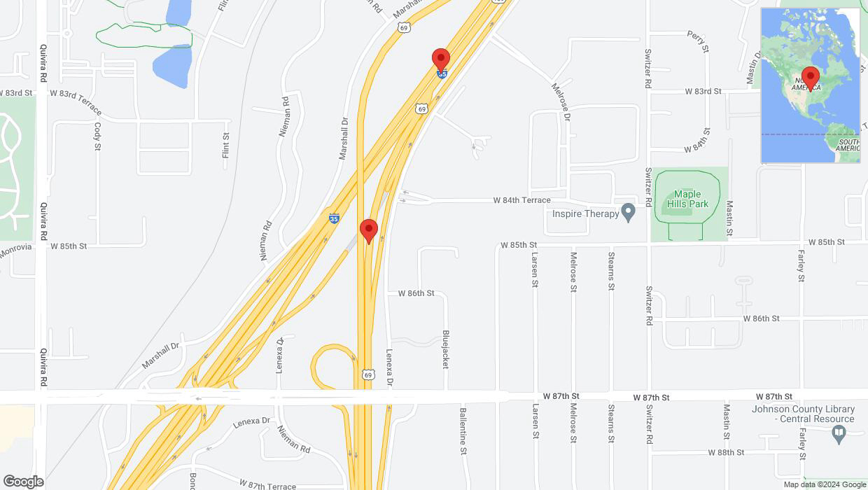 A detailed map that shows the affected road due to 'Traffic alert issued due to heavy rain conditions on northbound US-69 in Lenexa' on May 31st at 4:46 p.m.