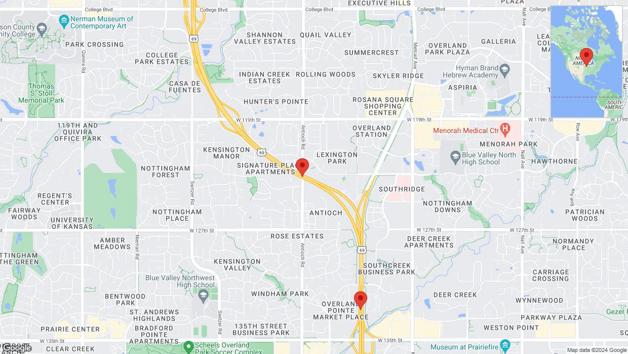 A detailed map that shows the affected road due to 'Drivers cautioned as heavy rain triggers traffic concerns on southbound US-69 in Overland Park' on May 31st at 4:58 p.m.