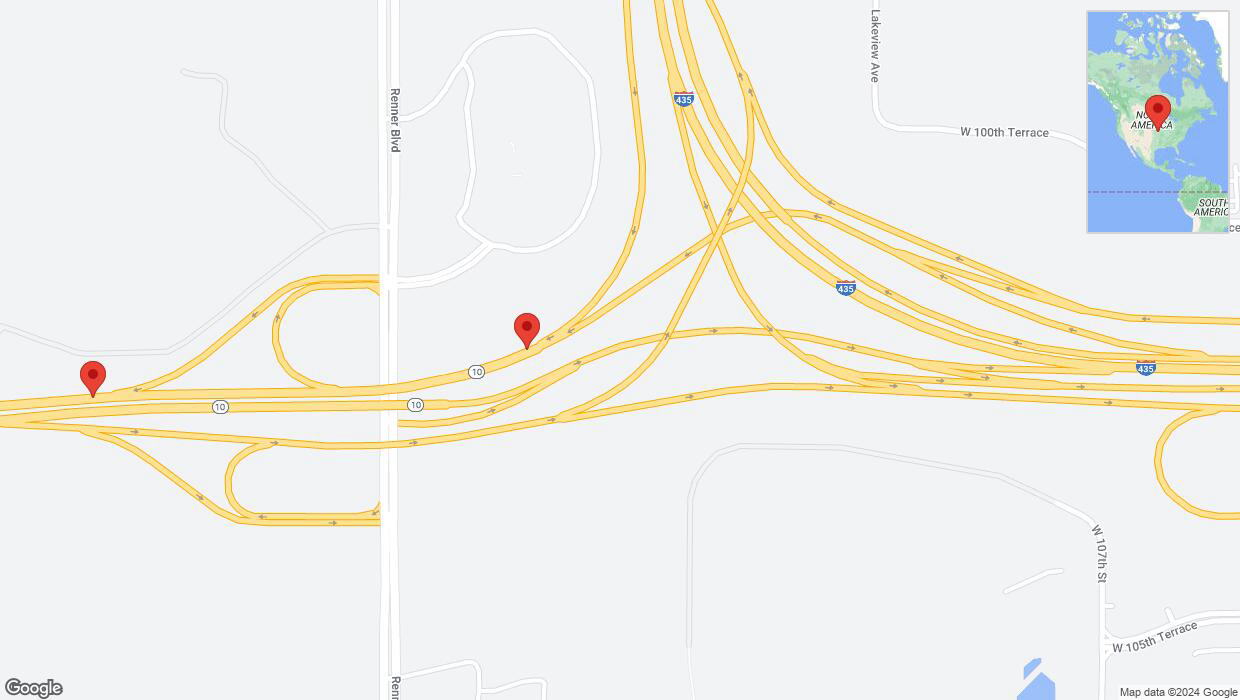 A detailed map that shows the affected road due to 'Heavy rain prompts traffic warning on westbound K-10 in Lenexa' on May 31st at 4:58 p.m.