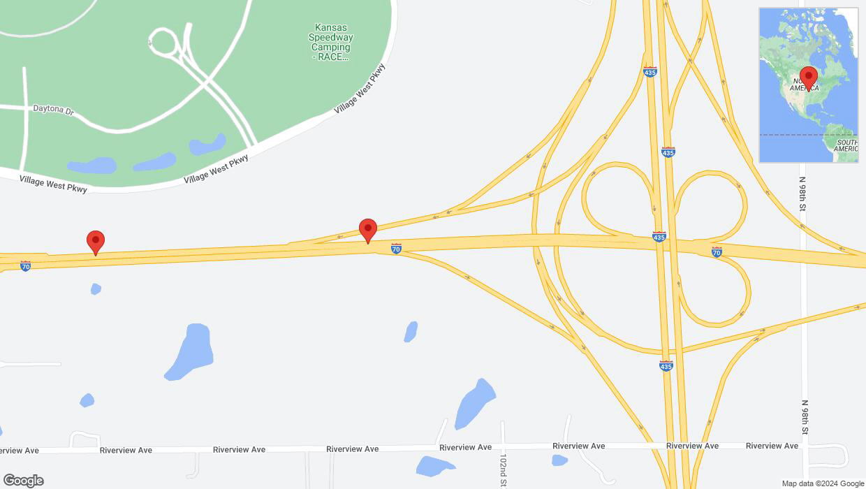 A detailed map that shows the affected road due to 'Heavy rain prompts traffic advisory on westbound I-70 in Kansas City' on May 31st at 4:58 p.m.