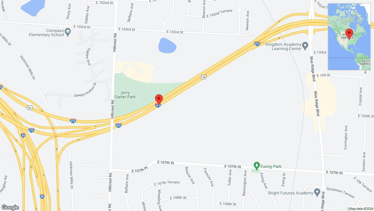A detailed map that shows the affected road due to 'Traffic alert issued due to heavy rain conditions on eastbound I-470 in Kansas City' on May 31st at 4:58 p.m.