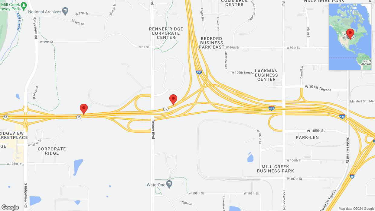 A detailed map that shows the affected road due to 'Heavy rain prompts traffic advisory on westbound K-10 in Lenexa' on May 31st at 5:04 p.m.