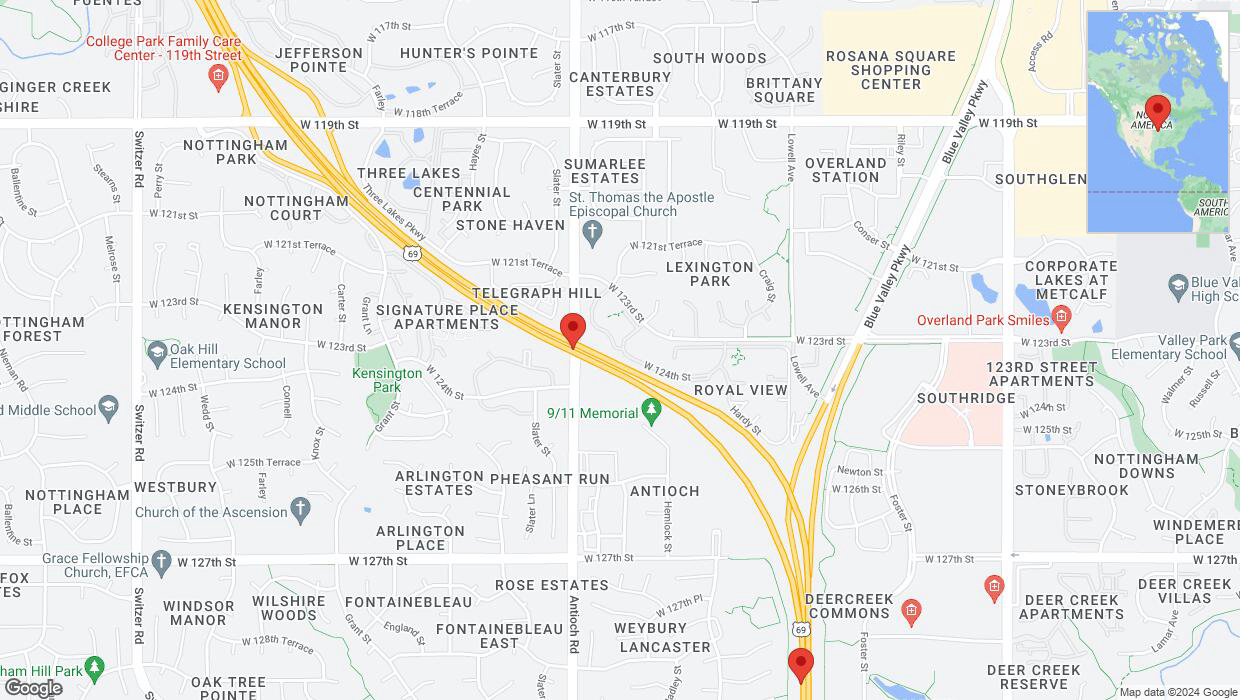 A detailed map that shows the affected road due to 'Traffic alert issued due to heavy rain conditions on southbound US-69 in Overland Park' on May 31st at 5:16 p.m.