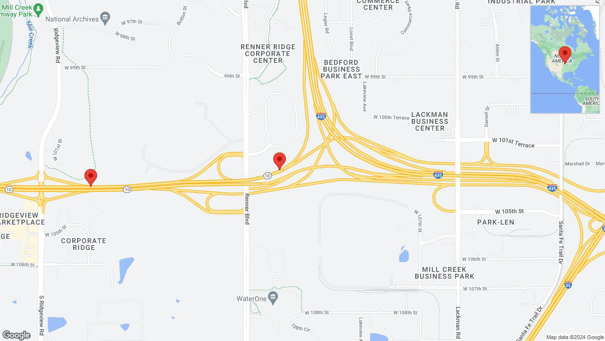 A detailed map that shows the affected road due to 'Heavy rain prompts traffic advisory on westbound K-10 in Lenexa' on May 31st at 5:18 p.m.