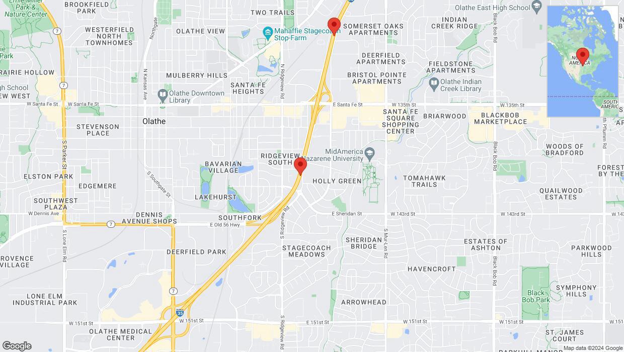 A detailed map that shows the affected road due to 'Heavy rain prompts traffic advisory on eastbound I-35 in Olathe' on May 31st at 5:22 p.m.