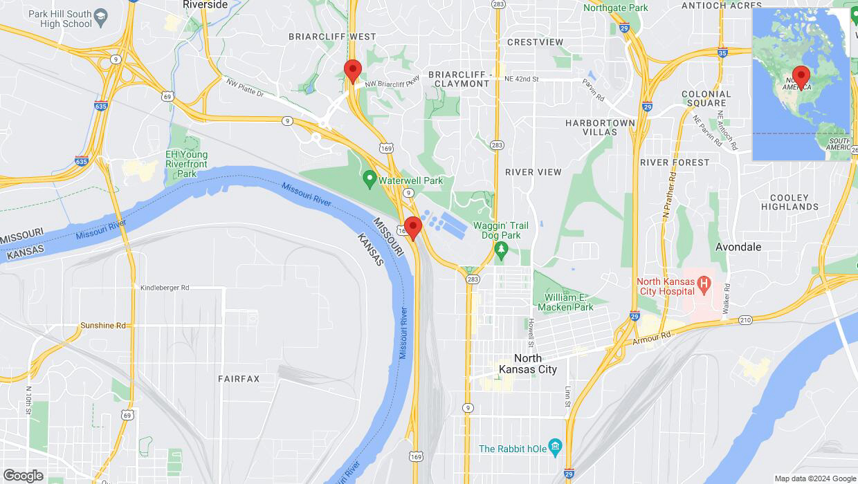 A detailed map that shows the affected road due to 'Drivers cautioned as heavy rain triggers traffic concerns on northbound US-169 in Kansas City' on May 31st at 5:28 p.m.