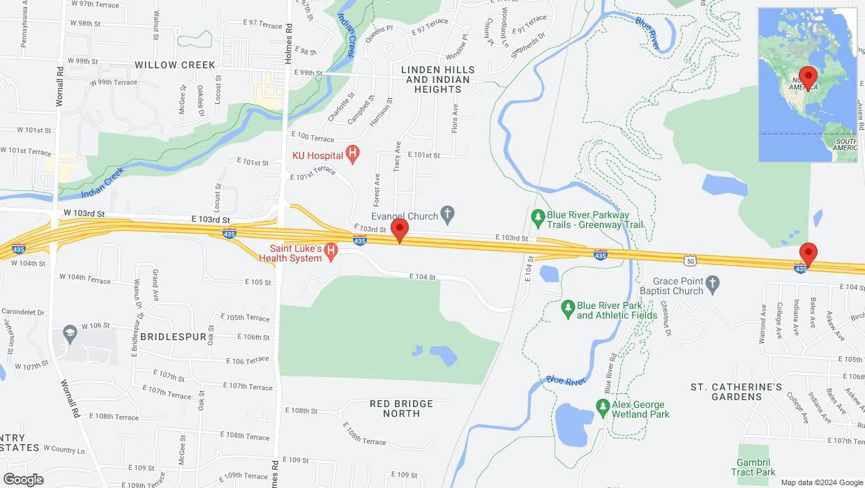A detailed map that shows the affected road due to 'Drivers cautioned as heavy rain triggers traffic concerns on eastbound I-435 in Kansas City' on May 31st at 5:52 p.m.