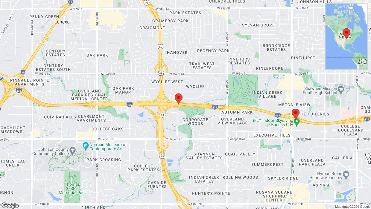 A detailed map that shows the affected road due to 'Drivers cautioned as heavy rain triggers traffic concerns on eastbound I-435 in Overland Park' on May 31st at 5:58 p.m.