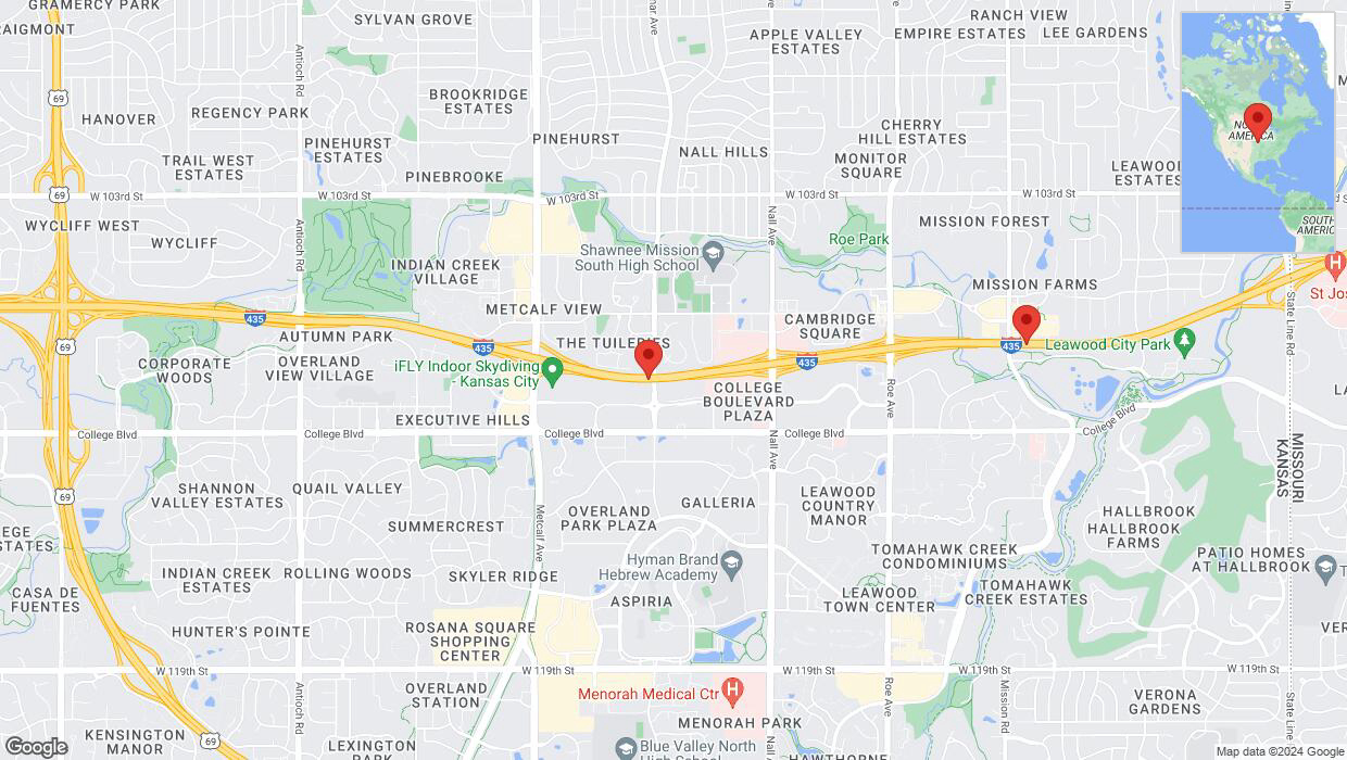 A detailed map that shows the affected road due to 'Drivers cautioned as heavy rain triggers traffic concerns on eastbound I-435 in Leawood' on May 31st at 5:58 p.m.