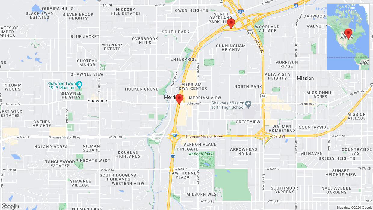 A detailed map that shows the affected road due to 'Heavy rain prompts traffic advisory on northbound I-35 in Merriam' on May 31st at 6:22 p.m.
