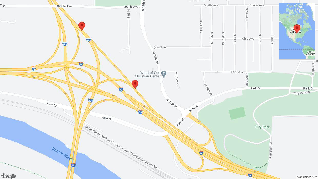 A detailed map that shows the affected road due to 'Road temporarily closed in Kansas City' on May 31st at 9:45 p.m.