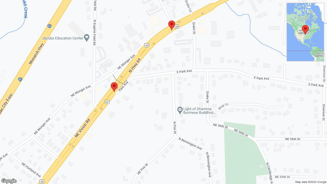 A detailed map that shows the affected road due to 'US-69 North closed in Kansas City' on June 1st at 6:42 p.m.