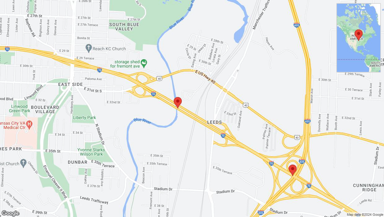 A detailed map that shows the affected road due to 'Incident on eastbound I-70 in Kansas City' on June 1st at 8 p.m.