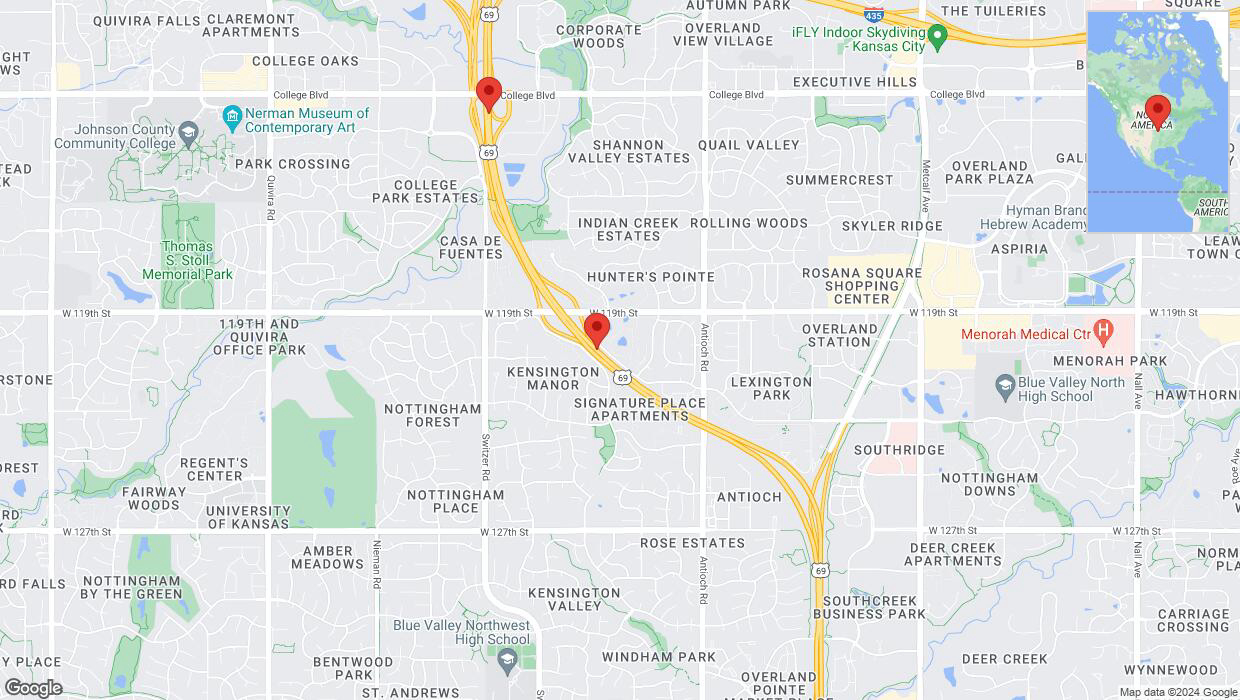 A detailed map that shows the affected road due to 'Lane on US-69 closed in Overland Park' on June 2nd at 10:34 p.m.
