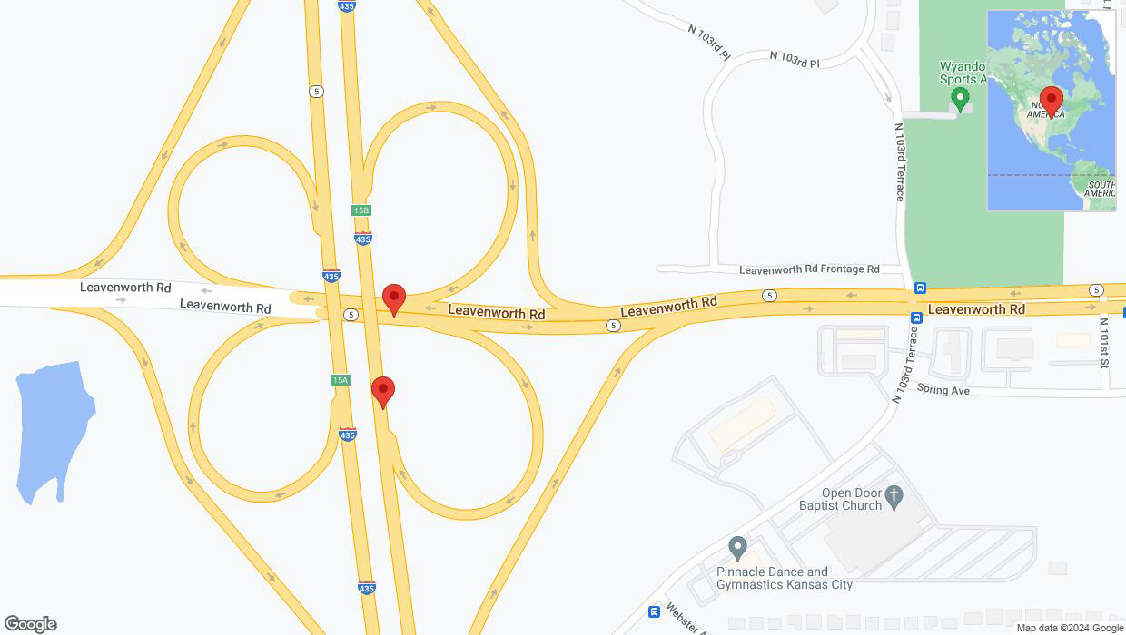 A detailed map that shows the affected road due to 'Kansas 5 closed in Kansas City' on June 5th at 5:11 p.m.