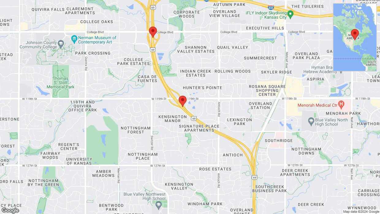 A detailed map that shows the affected road due to 'Lane on US-69 closed in Overland Park' on June 3rd at 3:03 p.m.