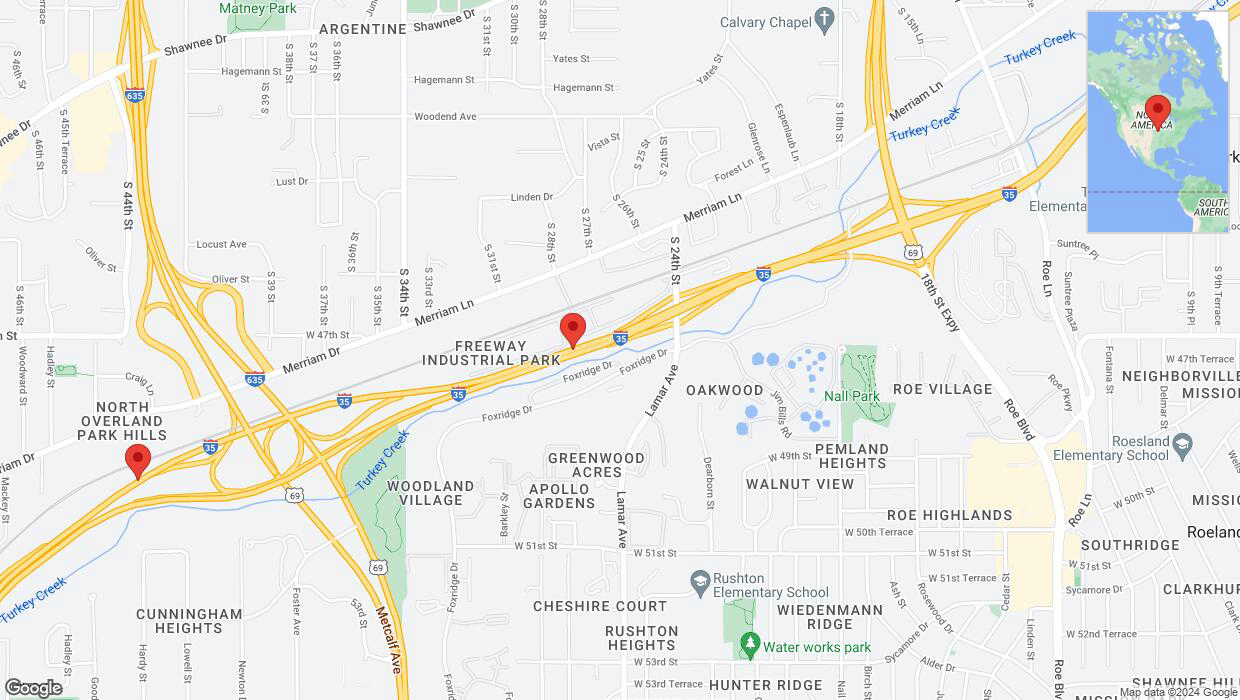 A detailed map that shows the affected road due to 'Lane on I-35 closed in Shawnee' on June 5th at 1:06 p.m.
