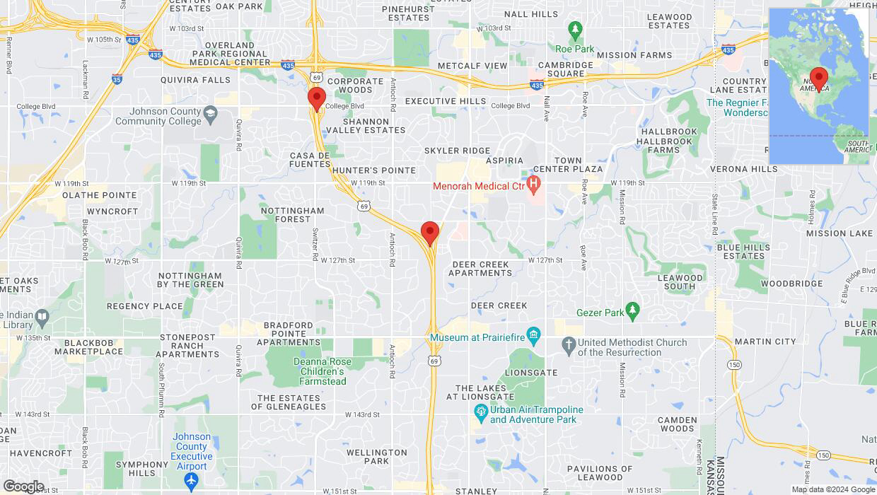 A detailed map that shows the affected road due to 'Lane on US-69 closed in Overland Park' on June 5th at 2:11 p.m.
