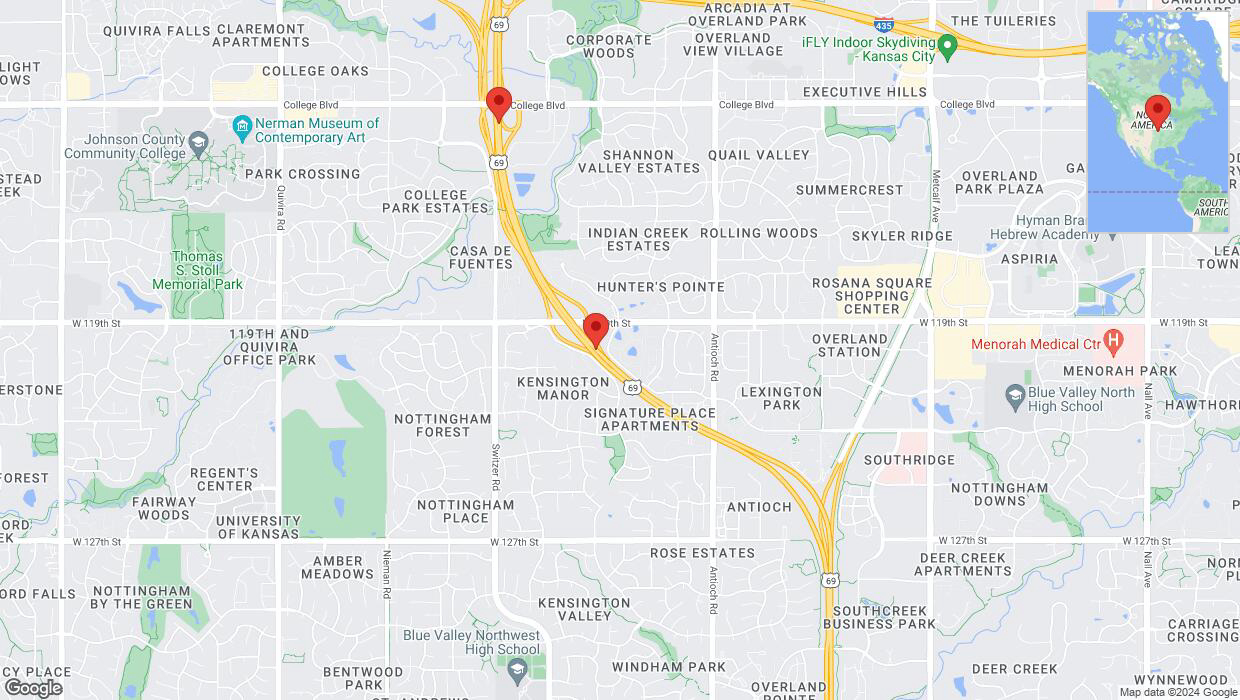 A detailed map that shows the affected road due to 'Lane on US-69 closed in Overland Park' on June 5th at 3:11 p.m.