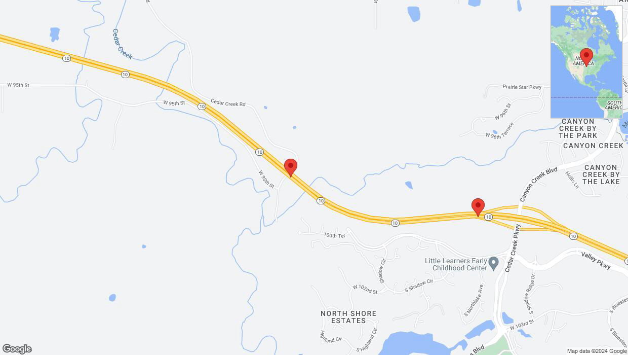 A detailed map that shows the affected road due to 'Drivers cautioned as heavy rain triggers traffic concerns on eastbound K-10 in De Soto' on June 8th at 3:06 a.m.