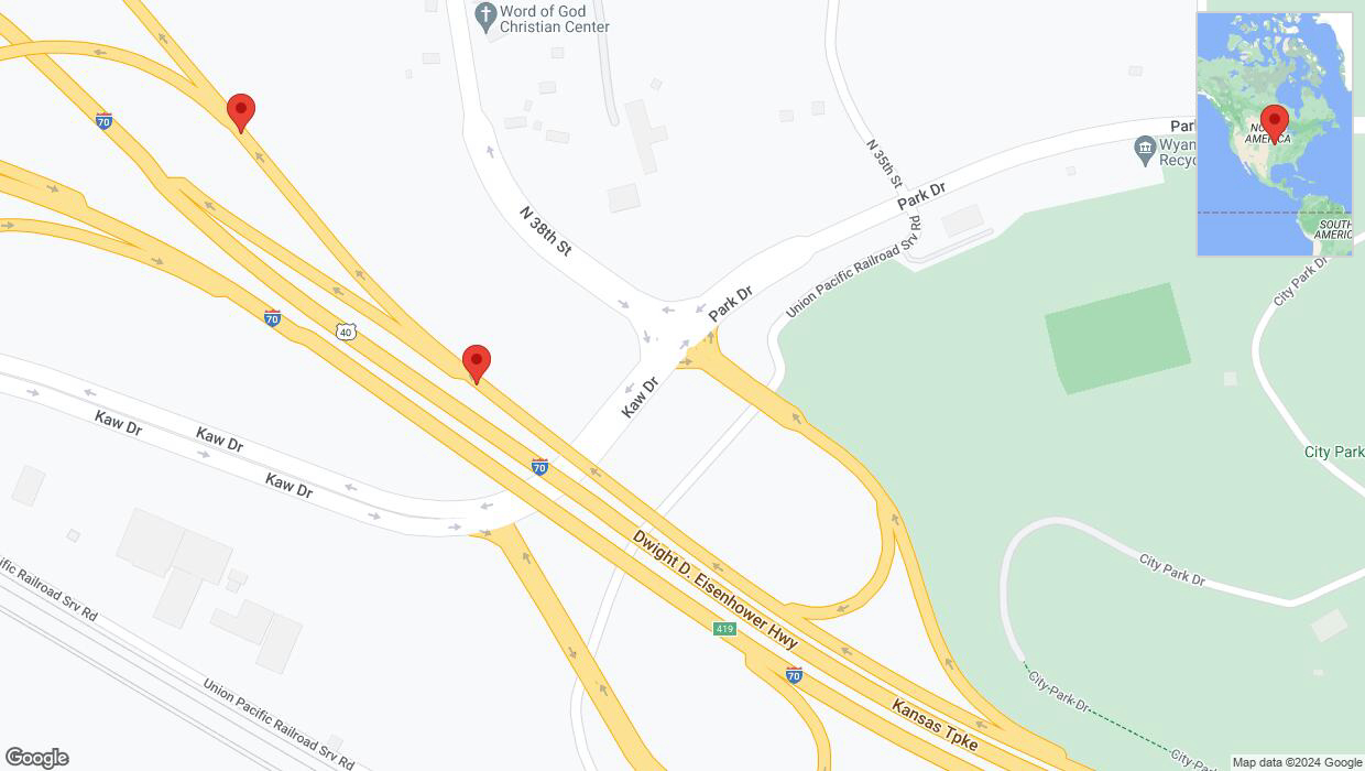 A detailed map that shows the affected road due to 'A crash has been reported in Kansas City' on June 9th at 7:56 p.m.