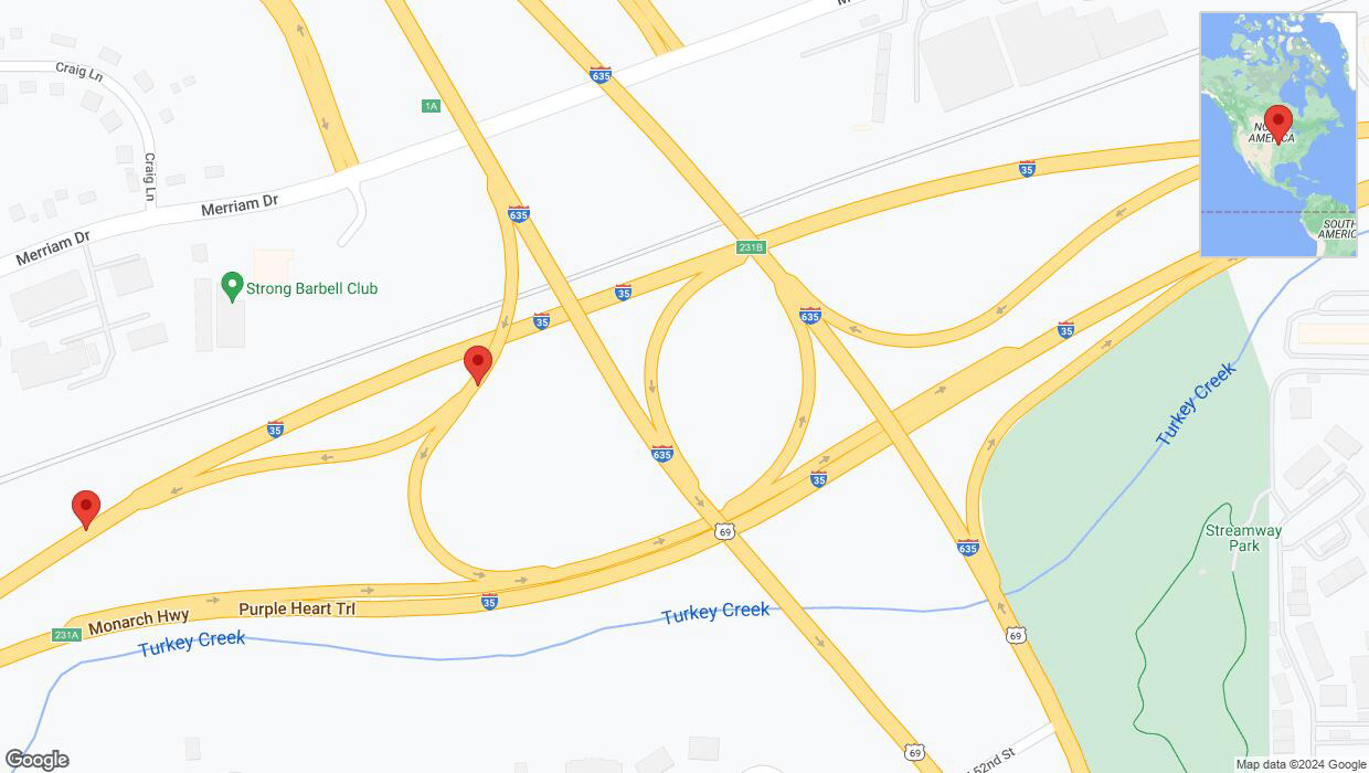 A detailed map that shows the affected road due to 'Purple Heart Trail closed in Overland Park' on June 9th at 7:38 p.m.