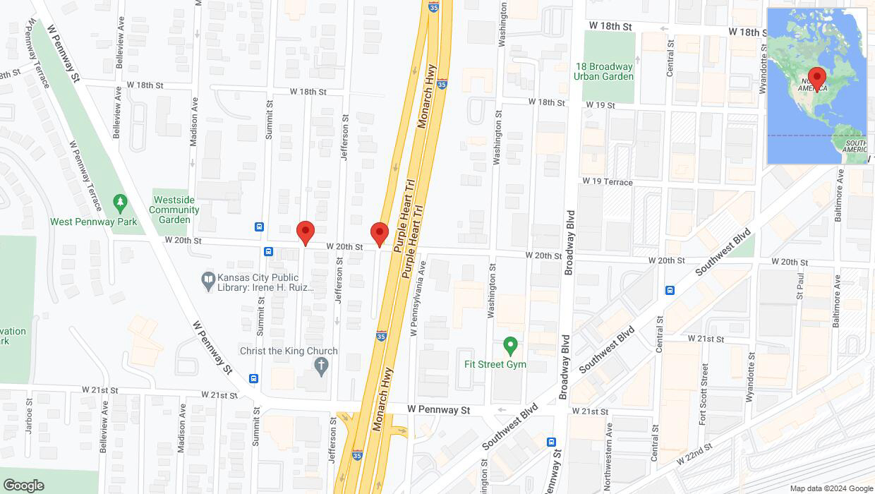 A detailed map that shows the affected road due to 'West 20th Street closed in Kansas City' on June 9th at 8:38 p.m.