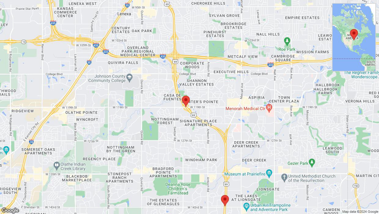 A detailed map that shows the affected road due to 'Lane on US-69 closed in Overland Park' on June 12th at 6:52 p.m.